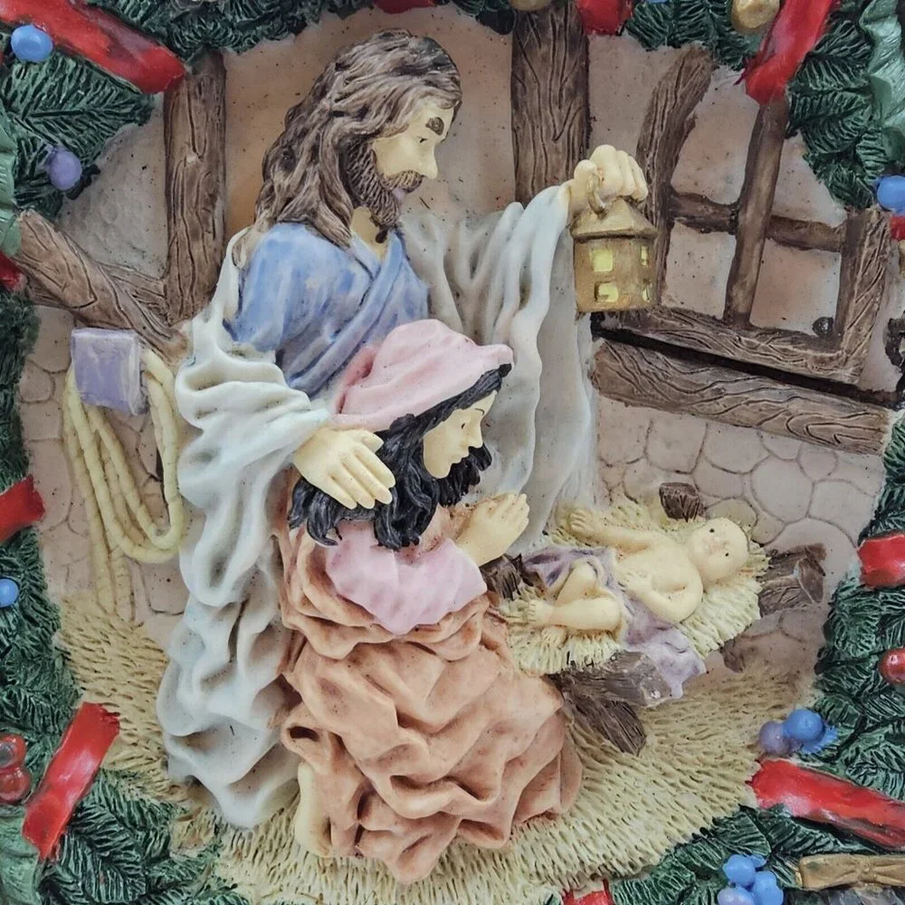 Vintage Nativity Scene Jesus in Manger Wall Hanging Wreath Christmas Door Decor